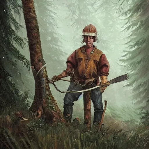 Image similar to a candid portrait of a giant cutting trees in the woods, atmospheric, highly detailed, fantasy painting, fairytale, fantasy, illustration by scott gustafson!!!