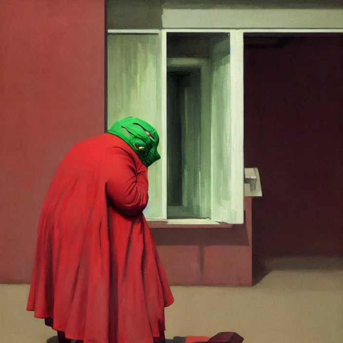 Image similar to melting old fat man portrait with a white paper bag over the head, dressed in red paper bags, holding stack of green paper bags, highly detailed, artstation, art by edward hopper, zdislav beksinski, wayne barlowe, edward hopper