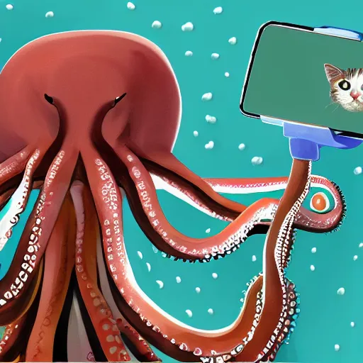 Image similar to octopus and cats taking a selfie together, photorealistic