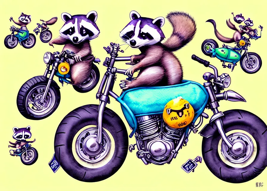 Prompt: cute and funny, racoon riding in a tiny sport motorcycle with oversized engine, ratfink style by ed roth, centered award winning watercolor pen illustration, isometric illustration by chihiro iwasaki, edited by range murata, tiny details by artgerm and watercolor girl, symmetrically isometrically centered