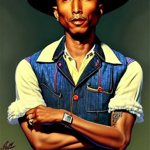 Image similar to pharrell williams by gil elvgren and norman rockwell and rob gonsalves and hajime sorayama, hyperrealistic, high detail, ultra detailed, highly detailed face, ruffled fabric