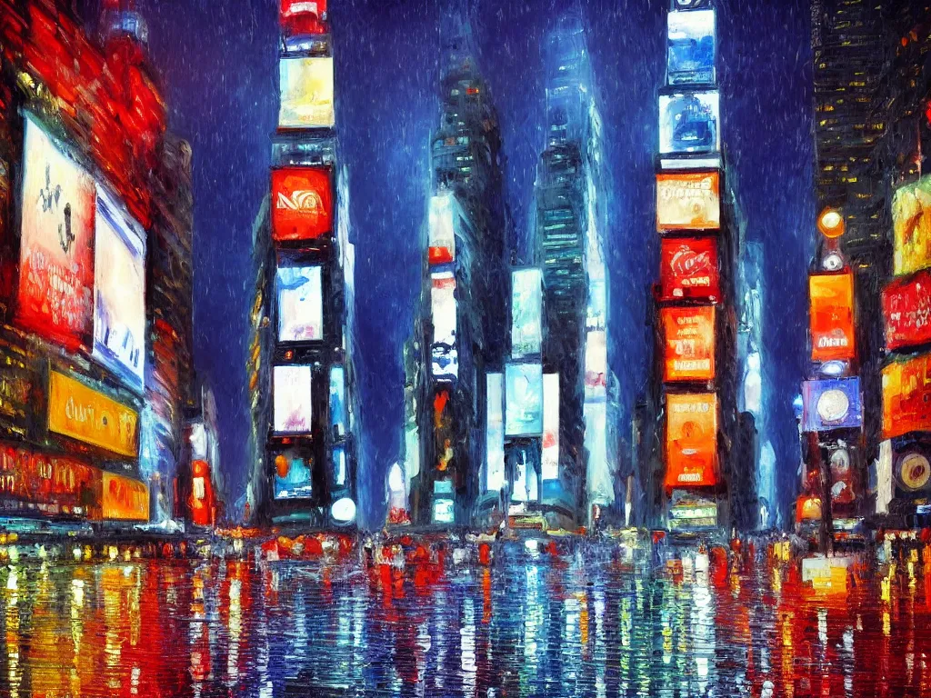 Image similar to Times Square on a rainy night, oil painting, in the style of Claude Monet, Impressionism, thick brush strokes, vivid colors, breathtaking, masterpiece, trending on ArtStation