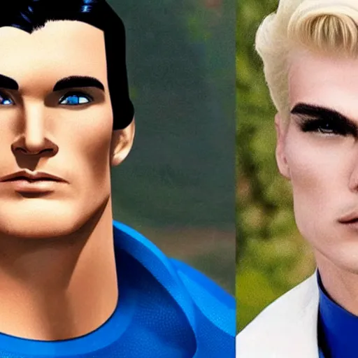 Image similar to superman with a thin jaw line and a thin nose, he have blond hair and two sides hair