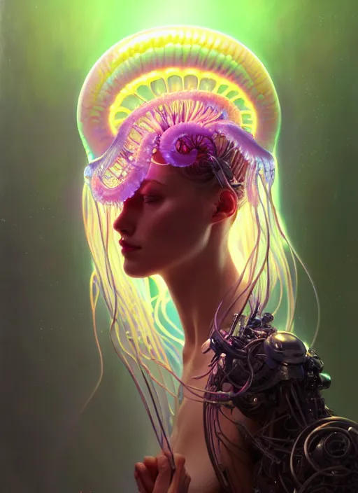 Prompt: organic cyborg, neon jellyfish, diffuse lighting, fantasy, intricate, elegant, highly detailed, lifelike, photorealistic, digital painting, artstation, illustration, concept art, smooth, sharp focus, art by John Collier and Albert Aublet and Krenz Cushart and Artem Demura and Alphonse Mucha