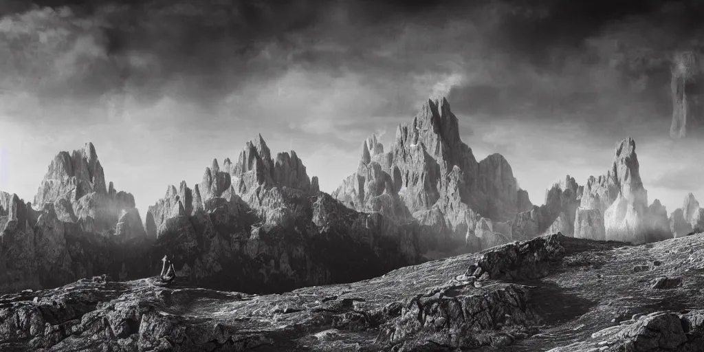 Image similar to 1920s photography of lonely wanderer, dolomites in the background, occult signs, fire, alp, dolomites, alpine, detailed intricate insanely detailed octane render, 8k artistic 1920s photography, photorealistic, black and white, chiaroscuro, hd, by David Cronenberg, Raphael, Caravaggio