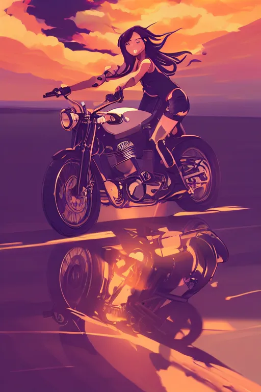 Image similar to a girl on a motorcycle, centered, solid bacgkround, median photoshop filter cutout vector behance, hd by artgerm, jesper ejsing, by rhads, makoto shinkai and lois van baarle, ilya kuvshinov, rossdraws, illustration, art by ilya kuvshinov and gustav klimt