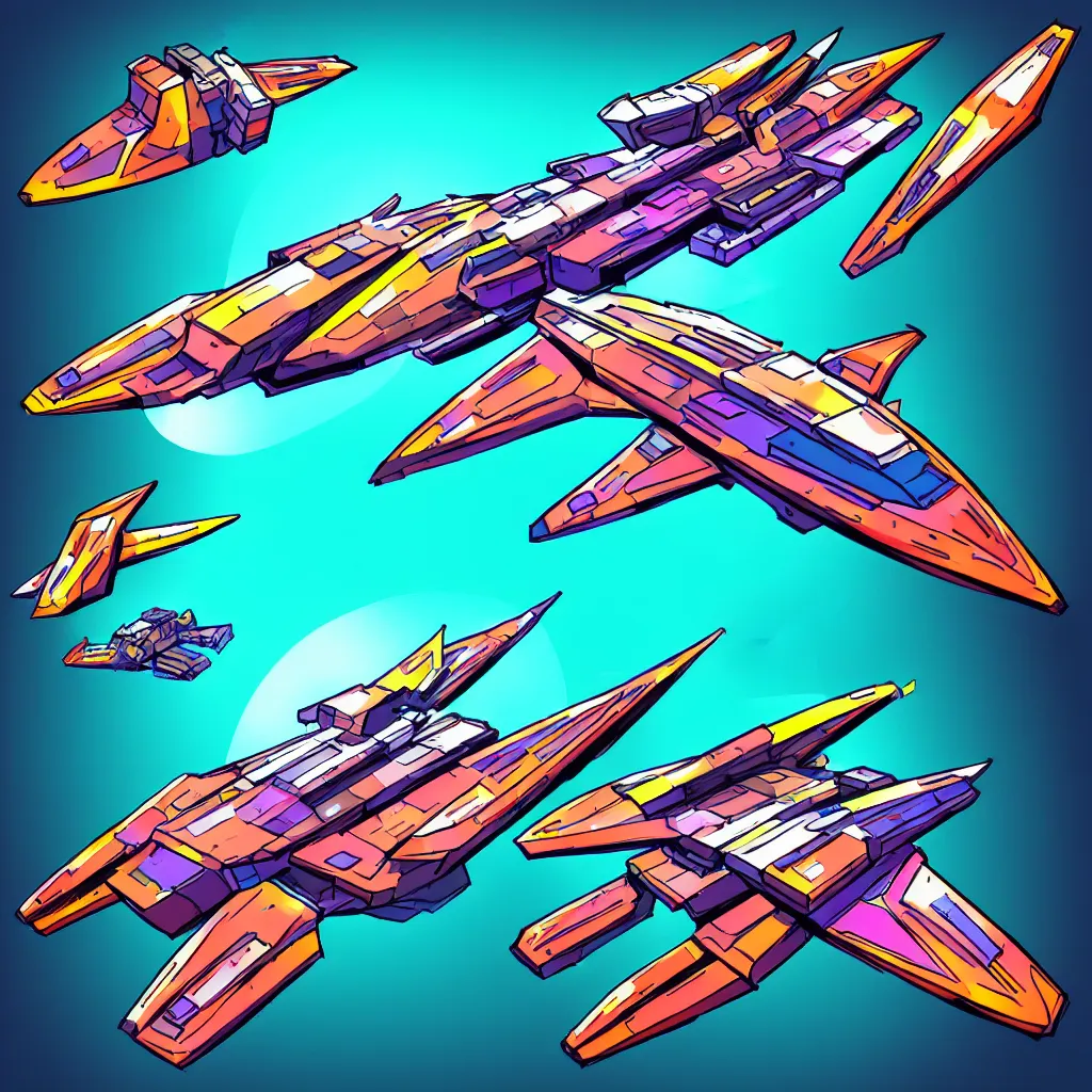 Image similar to combat spaceship concept art colorful