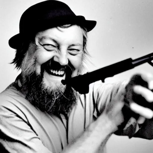 Image similar to robert wyatt laughing maniacally and pointing a gun directly at the camera