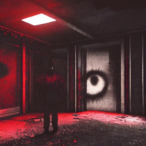 Prompt: cctv of an extremely dark empty abandoned building with glowing humanoid cryptid made out of television static, dark deep black shadows, red and black color contrast in the style of trevor henderson, liminal space, 3 d octane render, glitch effect