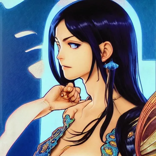 Image similar to highly detailed vfx portrait of nico robin by eiichiro oda, makoto shinkai, alphonse mucha, sharp focus, art by artgerm and greg rutkowski!, backlit, harsh overhead sunlight, blue eyes!!, aquiline nose!!, stanley kybric, kaoru mori, detailed,