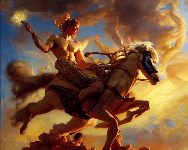 Image similar to attractive apollo greek god, riding his fire chariot. highly detailed painting by gaston bussiere, craig mullins, j. c. leyendecker 8 k