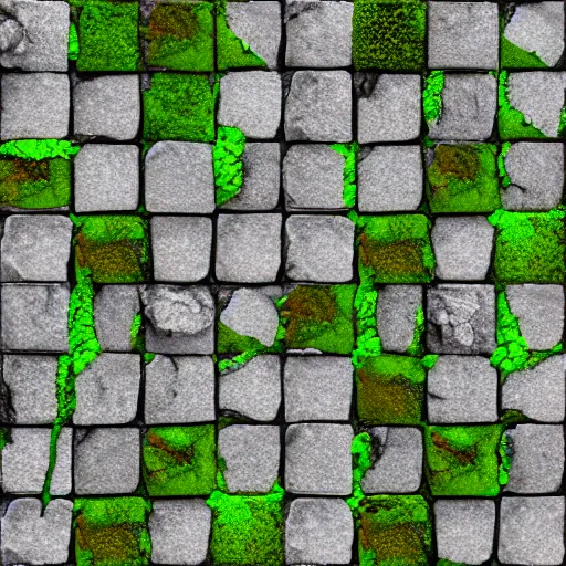 Prompt: pbr albedo texture of cobblestone pavement with moss between the cracks, substance designer, stylized, zbrush, top view with no perspective