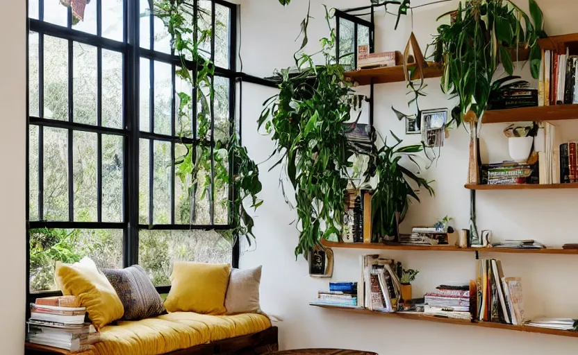 Prompt: interior desing magazine photo of a big window with a wooden frame to sit on, some sandy yellow pillows, there are some books on a small integrated shelf, hanging plants, great architecture, ambient light, 8k