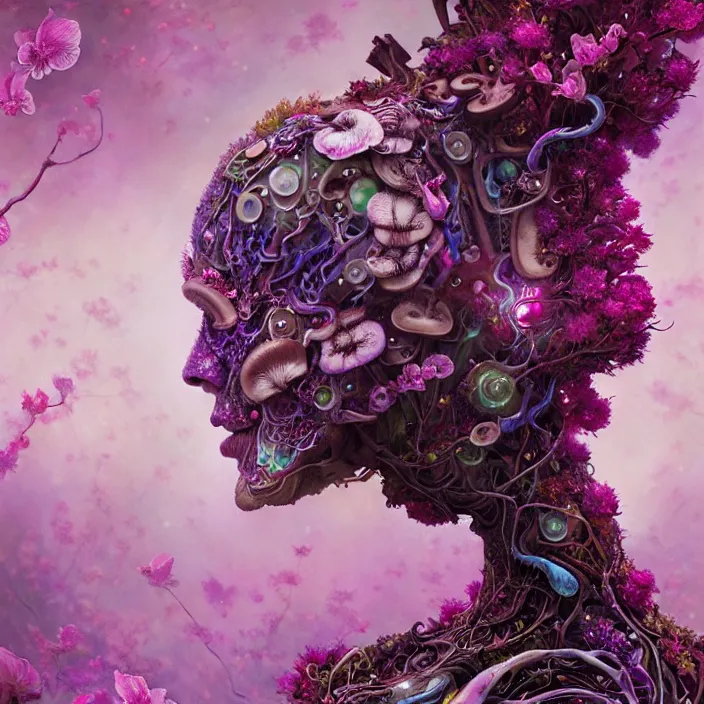 Image similar to extremely psychedelic organic cyborg made of orchid and cherry blossom tree and mushroom, LSD, diffuse lighting, fantasy, intricate, elegant, highly detailed, lifelike, photorealistic, digital painting, artstation, illustration, concept art, smooth, sharp focus, art by John Collier and Albert Aublet and Krenz Cushart and Artem Demura and Alphonse Mucha