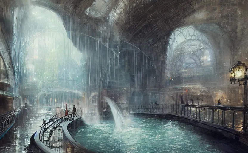 Image similar to An urban train rides inside of a waterway on a fantasy city, next to a fountain and a mystical palace, waterfall, intricate, elegant, volumetric lighting, digital painting, highly detailed, artstation, sharp focus, illustration, concept art, ruan jia, steve mccurry