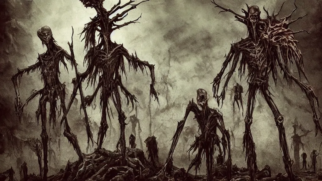 Image similar to dark detailed landscape, chilling overwhelming blood oil painting, brutal fantasy hell of unknown creatures, dreadful and creepy lifeless skinny slendermen