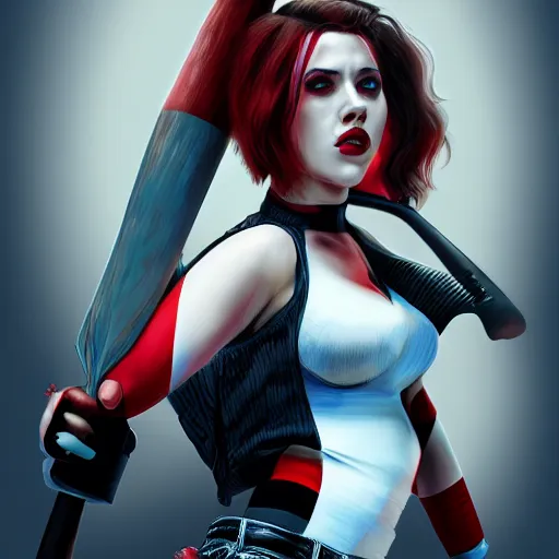 Image similar to Scarlett Johansson as Harley Quinn, holding bat, digital, artstation, cgsociety, 4k, high detail