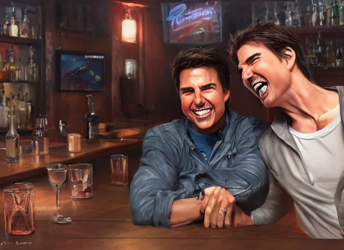 Prompt: hyper realistic tom cruise hanging out with tom cruise at a bar, all overly excited, jaw unhinged with laughter and smiling, all teeth, by greg rutkowski, artgerm, loish, pixar, 4 k, 8 k, masterpiece