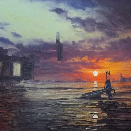 Prompt: oil painting of ghosts left in an abandoned floating overgrown city, sunset, detailed, landscape