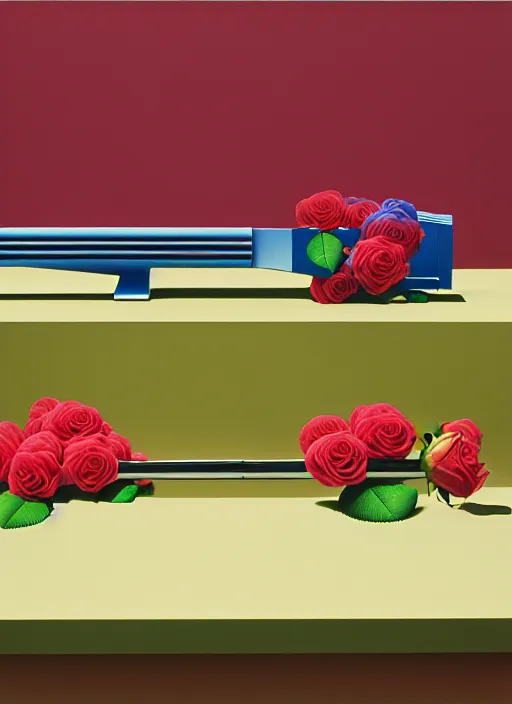 Prompt: roses sticking out of a riffle by shusei nagaoka, kaws, david rudnick, airbrush on canvas, pastell colours, cell shaded, 8 k