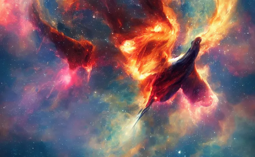 Image similar to a nebula in shape of a pheonix in space, artstation, cgsociety, highly detailed