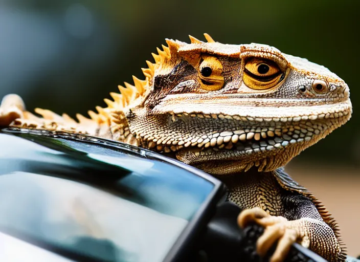 Image similar to dslr portrait still of a bearded dragon driving a little toy car, 8 k 8 5 mm f 1. 4