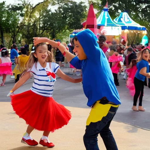 Prompt: a churro dancing away from a chubby kid that's trying to eat it at a carnival