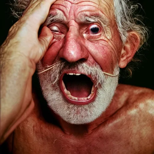 Image similar to a photographic portrait of a rugged elderly man, screaming, behind plastic wrap by Martin Schoeller