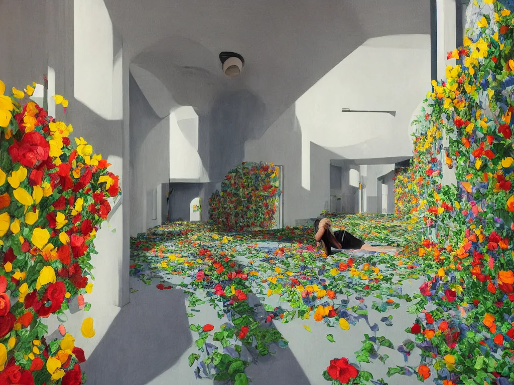 Image similar to colorful minimalist industrial interior hallway with monolithic pillars in the style of ridley scott and stanley kubrick, impossible architecture, pool ceiling, bed of flowers on floor, ultra view angle view, lone person in the distance, realistic detailed painting by edward hopper