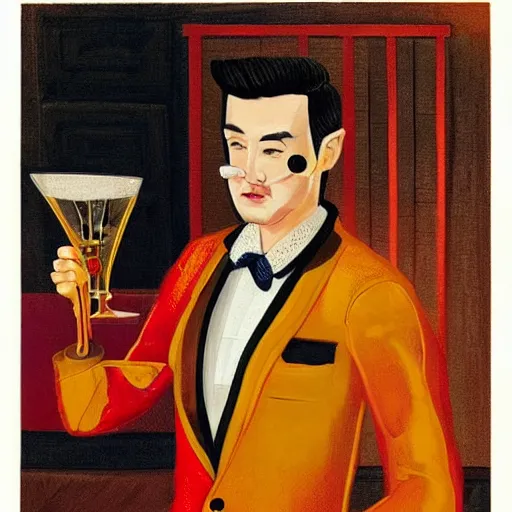 Image similar to portrait of a male cyborg bartender, chinese, slick brushed - back hair, half - robot half - human, red velvet mao suit, golden ascot, steampunk monocle, in a dark bar lit by floating lights, post - impressionist