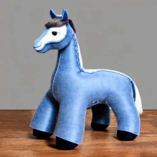 Prompt: a beautiful realistic elegant felt plush horse in dusty blue with ornate detailed embroidered flower decoration