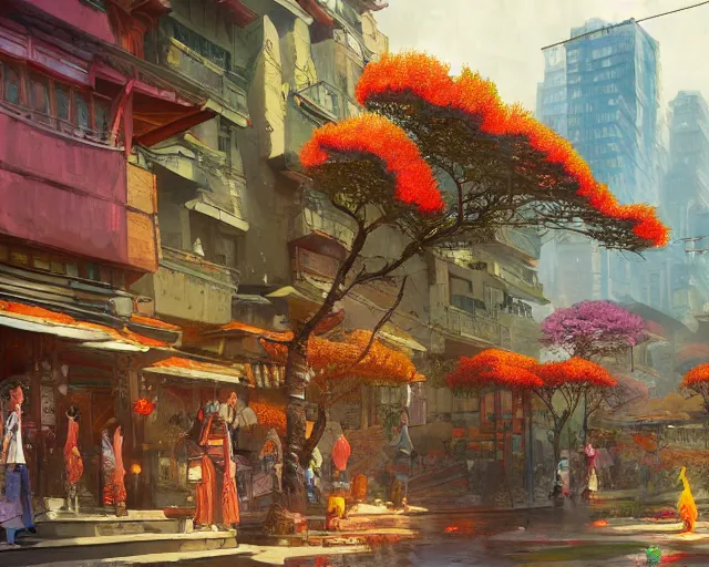 Prompt: street-level view of a colorful kitsune city, bamboo, flowers, anime, fox people, a fantasy digital painting by Greg Rutkowski and James Gurney, trending on Artstation, highly detailed