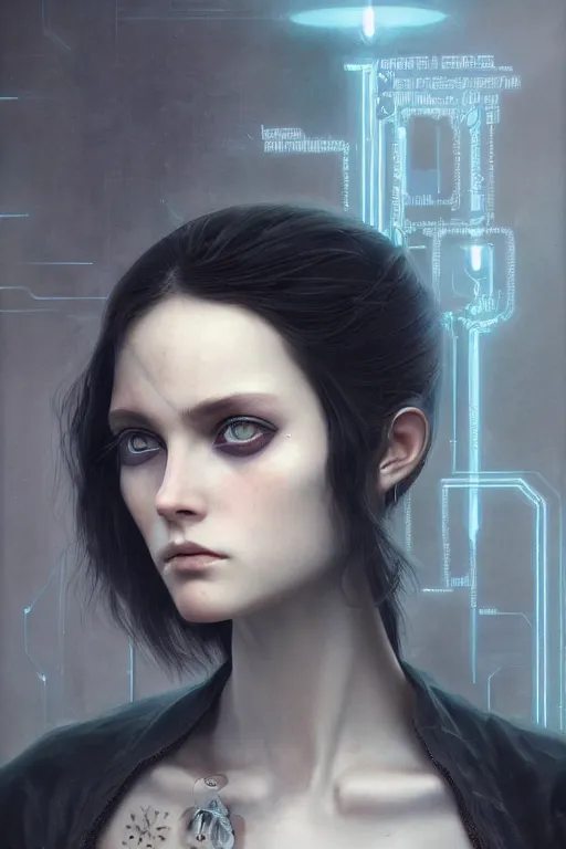 Image similar to a beautiful portrait of a cyberpunk female, detailed, realistic eyes, symmetry body features proportions, bioluminescence, award winning, by Tom Bagshaw