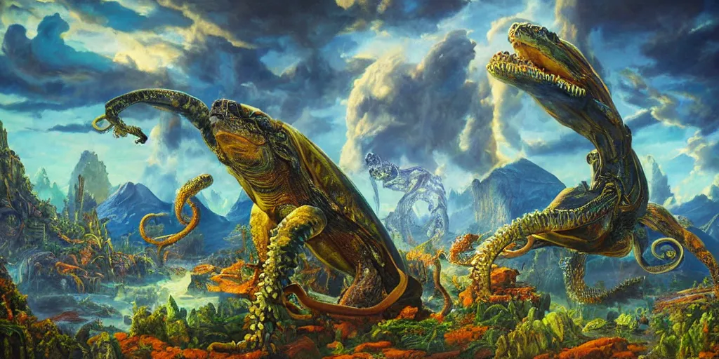 Image similar to fantasy oil painting, great leviathan, cybernetic turtle cephalopod terrapin reptilian pachyderm squid, bella hadid, hybrid, milla jovovich, anubis, epic natural light, lush plants flowers, spectacular mountains, bright clouds, luminous sky, outer worlds, golden hour, michael cheval, edward hopper, michael whelan, vray, hd