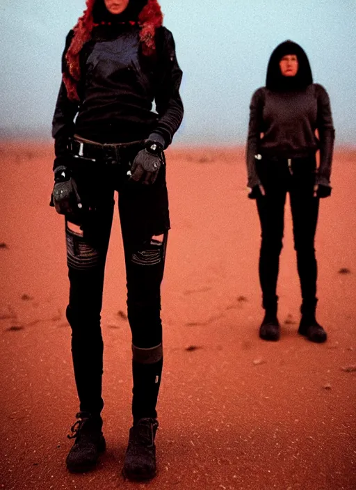 Image similar to cinestill 5 0 d photographic portrait of two loving female androids wearing rugged black techwear on a desolate plain with a red sky, extreme closeup, lizard on ground, cyberpunk style, in front of a brutalist dark metal facility, dust storm, 3 5 mm, 8 k, f / 3 2, high resolution, ultra realistic faces