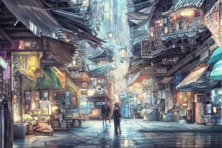 Image similar to dynamic composition, motion, ultra - detailed, incredibly detailed, a lot of details, amazing fine details and brush strokes, colorful and grayish palette, smooth, hd semirealistic anime cg concept art digital painting, watercolor oil painting of scenes without people, in asian city in style of cytus and deemo, blue flame, relaxing, calm and mysterious vibes