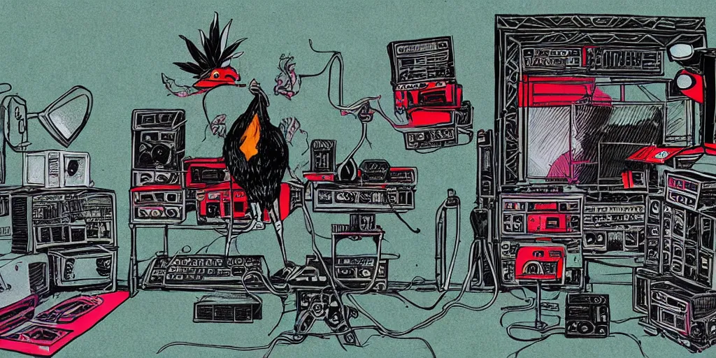 Image similar to 'black rooster'!!! smoking 'cannabis'!!!!!! in front of 'audio console'!!!! and 'multi monitors and projectors'!!!! 'in a hi-tech tv broadcasting studio with red camera rig'!!!!, artwork by James Gilleard