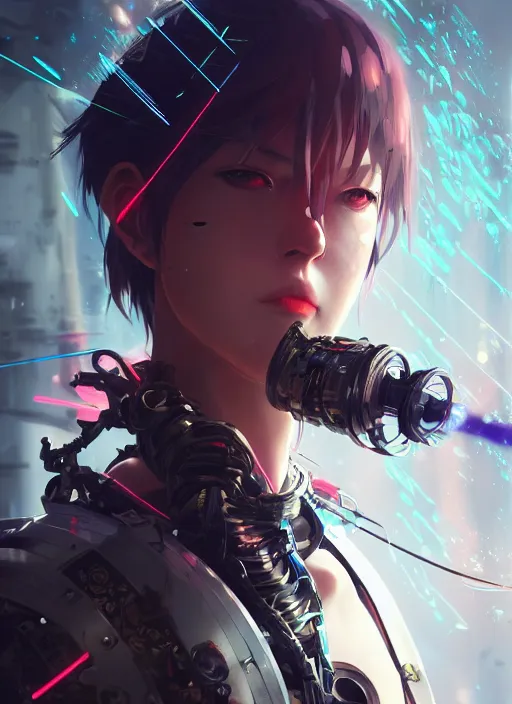 Prompt: cool cyberpunk cyborg samurai girl, battle pose, laser guns, extremely beautiful, detailed portrait, intricate light complexity, concept art by krenz cushart, kyoto animation, wlop. 4 k, beautiful, cinematic dramatic atmosphere, sharp focus, perfect lightning