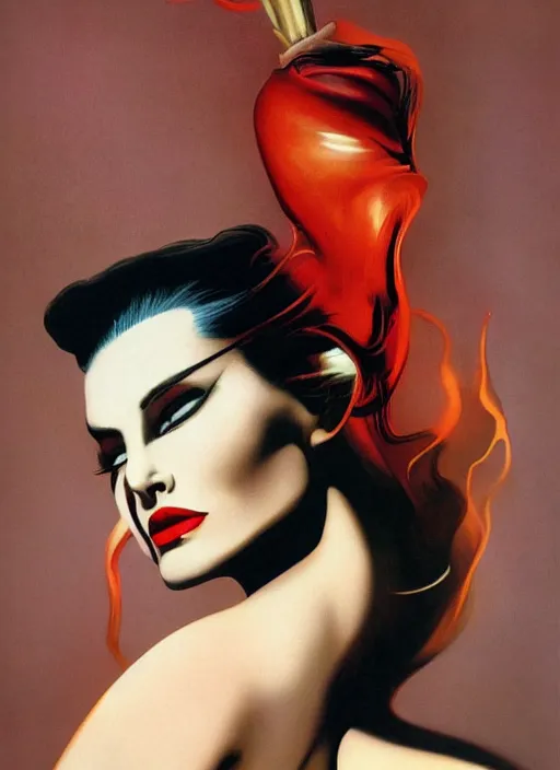 Image similar to an 8 0 s portrait of a woman with dark eye - shadow and red lips with dark slicked back hair dreaming acid - fueled hallucinations by serge lutens, rolf armstrong, delphin enjolras, peter elson