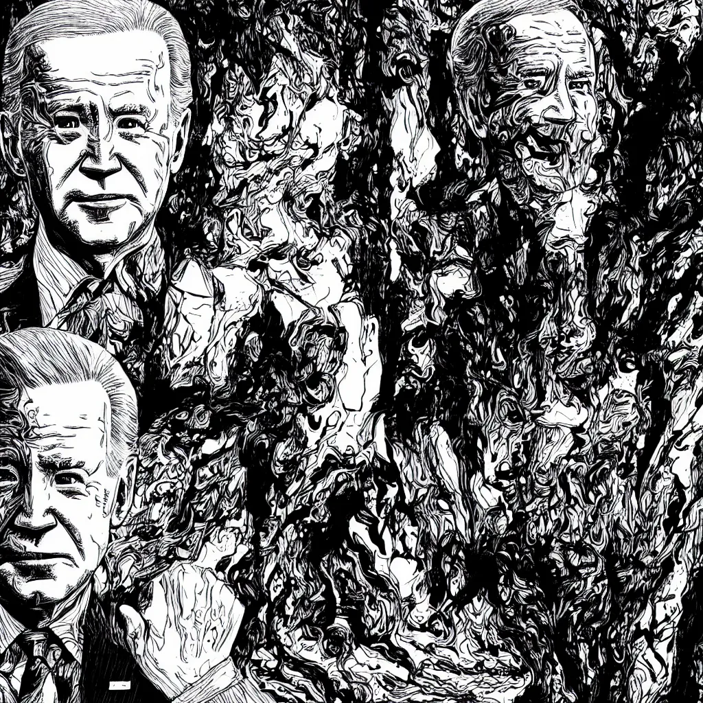 Image similar to Joe Biden full body portrait, body horror, black and white Illustration by Junji Ito