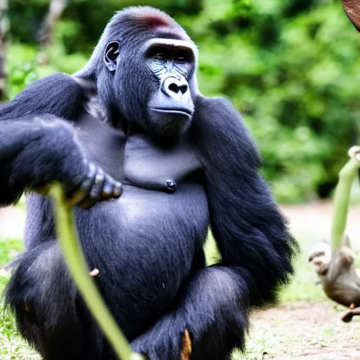 Prompt: gorilla steals tourist's sunglasses at a zoo