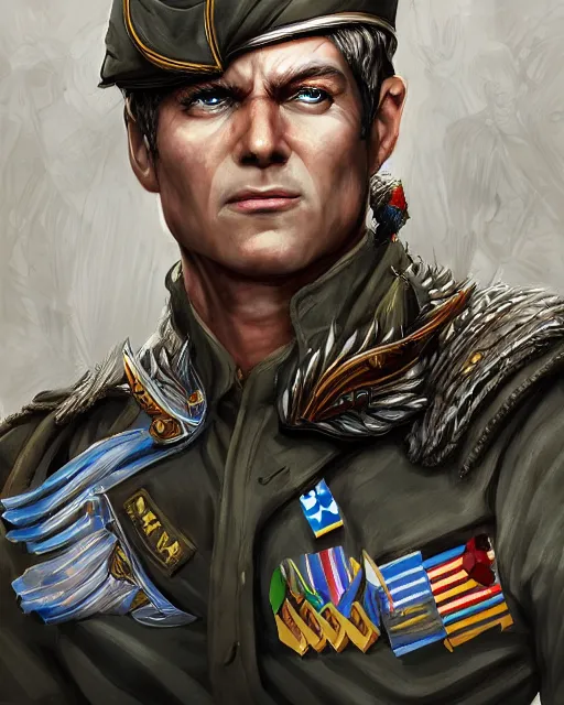 Prompt: caesar as u. s. army commander, portrait, fantasy art, in the style of artgerm, illustration, epic, fantasy, intricate, hyper detailed, artstation, concept art, smooth, sharp focus, ray tracing, vibrant, photorealistic, simon bisley, fabry glenn