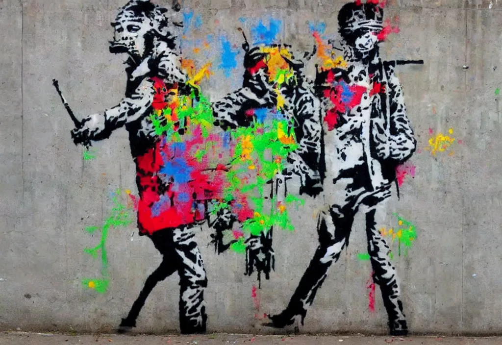 Prompt: full color banksy graffiti anti art, rage against the status quo, detailed, realistic, glitch art effect