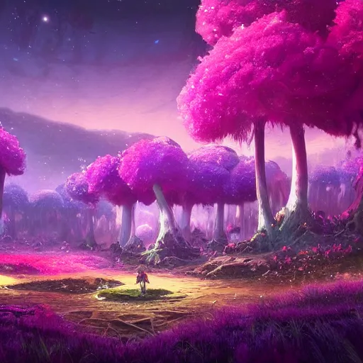 Image similar to concept art painting of a fantasy alien fungal landscape at night, magenta trees, glowing blue mushrooms, village of houses made of mushrooms, dark purple sky, realistic, detailed, cel shaded, in the style of makoto shinkai and greg rutkowski and albert bierstadt and james gurney