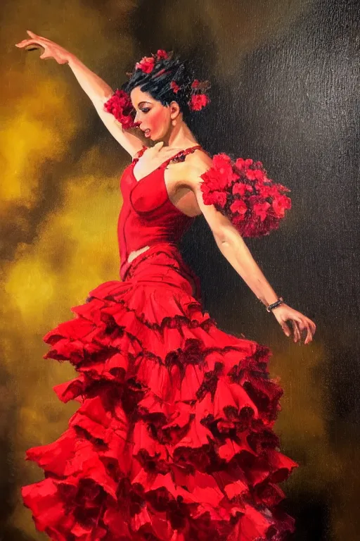 Image similar to vintage detailed oil painting of spanish flamenco dancer in mallorca wearing a red dress made of flowers, dress on fire, dimly lit by candles on the ground, looking away, dark shadows, photo realistic, extreme detail skin, no filter, slr, 4 k, high definition