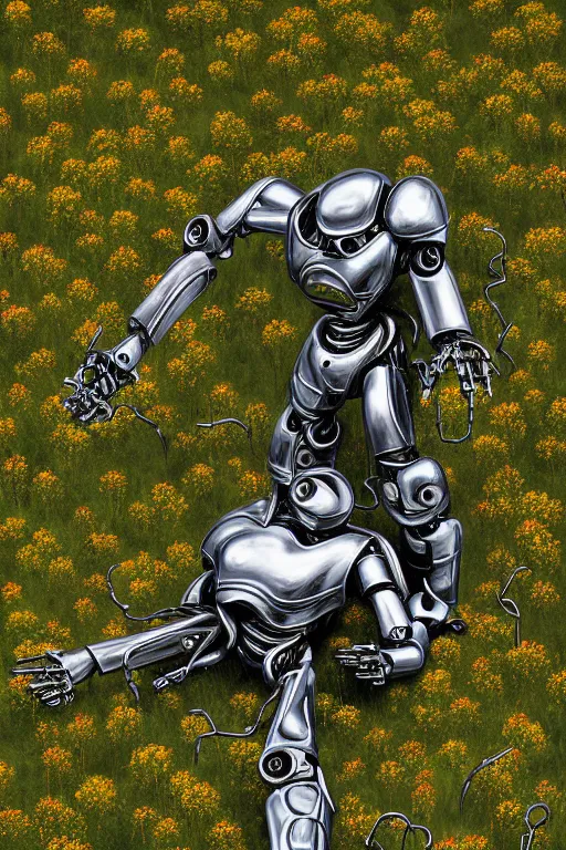 Prompt: destroyed combat robot lying in a field of flowers, twisted metal, chrome, reflections, earth, terrible, anthropomorphic, cyborg, photorealism, weapons, smoke, metal, armor, camouflage, wires, wild flowers, greenery, chips, red light bulbs, top view, extremely detailed, ultra - realism, cinematic light, epic, art by jeff koons