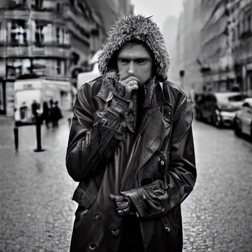 Image similar to black and white fashion photograph, highly detailed portrait of a depressed guy as a drug dealer on a busy Paris street, detailed face looking into camera, eye contact, natural light, rain, mist, lomo, fashion photography, film grain, soft vignette, sigma 85mm f/1.4 1/10 sec shutter, Daren Aronofsky film still promotional image, IMAX 70mm footage