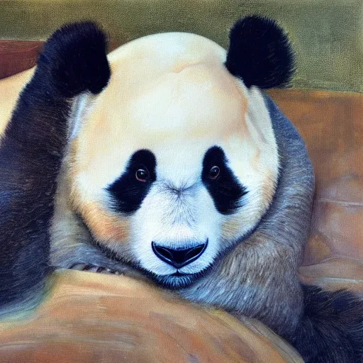 Prompt: oil painting portrait by lucien freud of a panda.