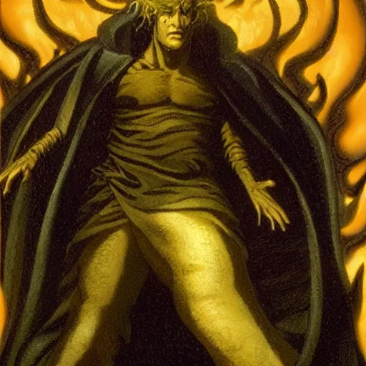 Prompt: Morpheus, the Lord of Dreams, Sandman, standing on the precipice as the fires of hell roar from the depths of the chasm at his feet.