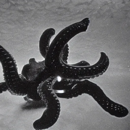 Image similar to 1 9 7 0 s vcr tape underwater rov footage, dark, blurry octopus